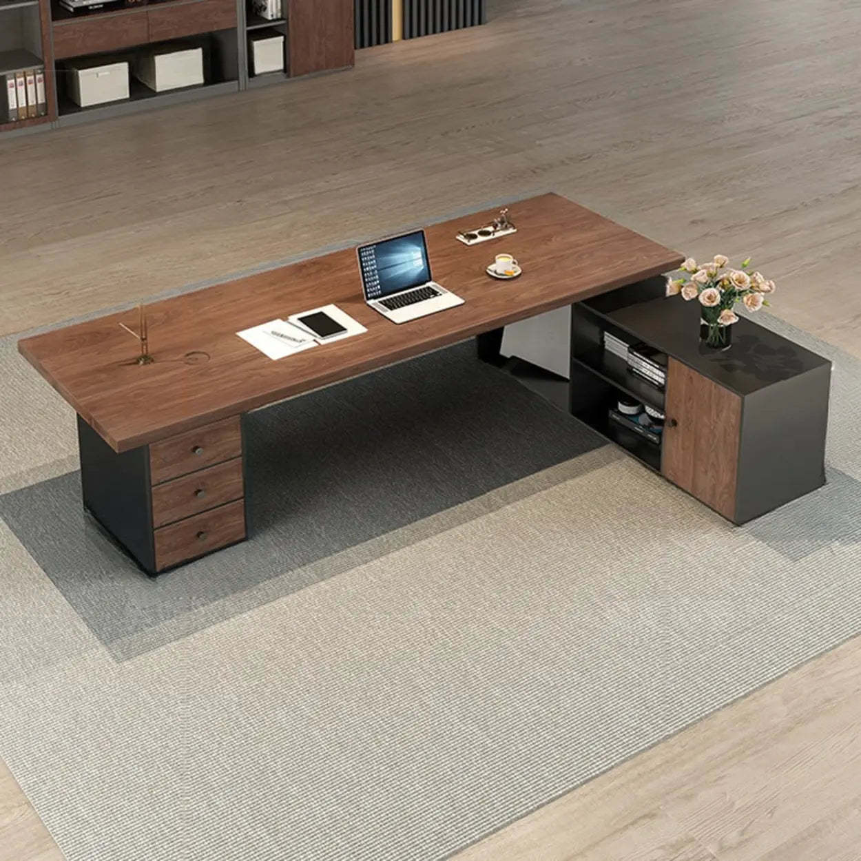 Brown L-Shaped Wood Computer Desk with Storage — Table Only
