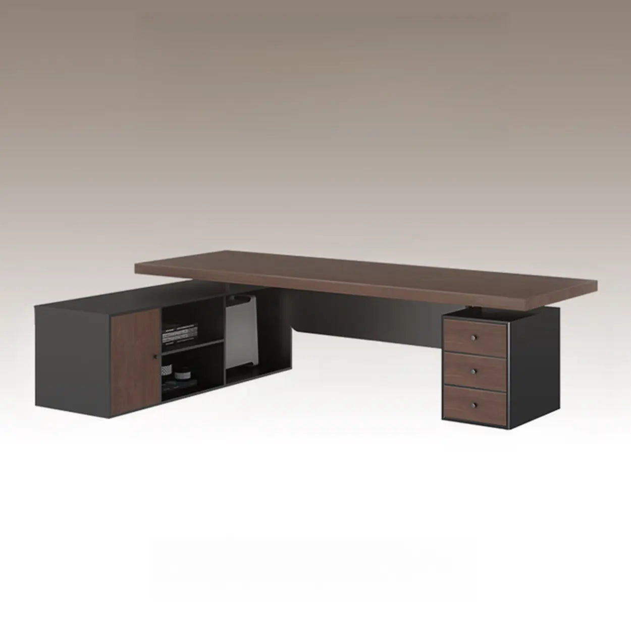Brown L-Shaped Wood Computer Desk with Storage — Table Only
