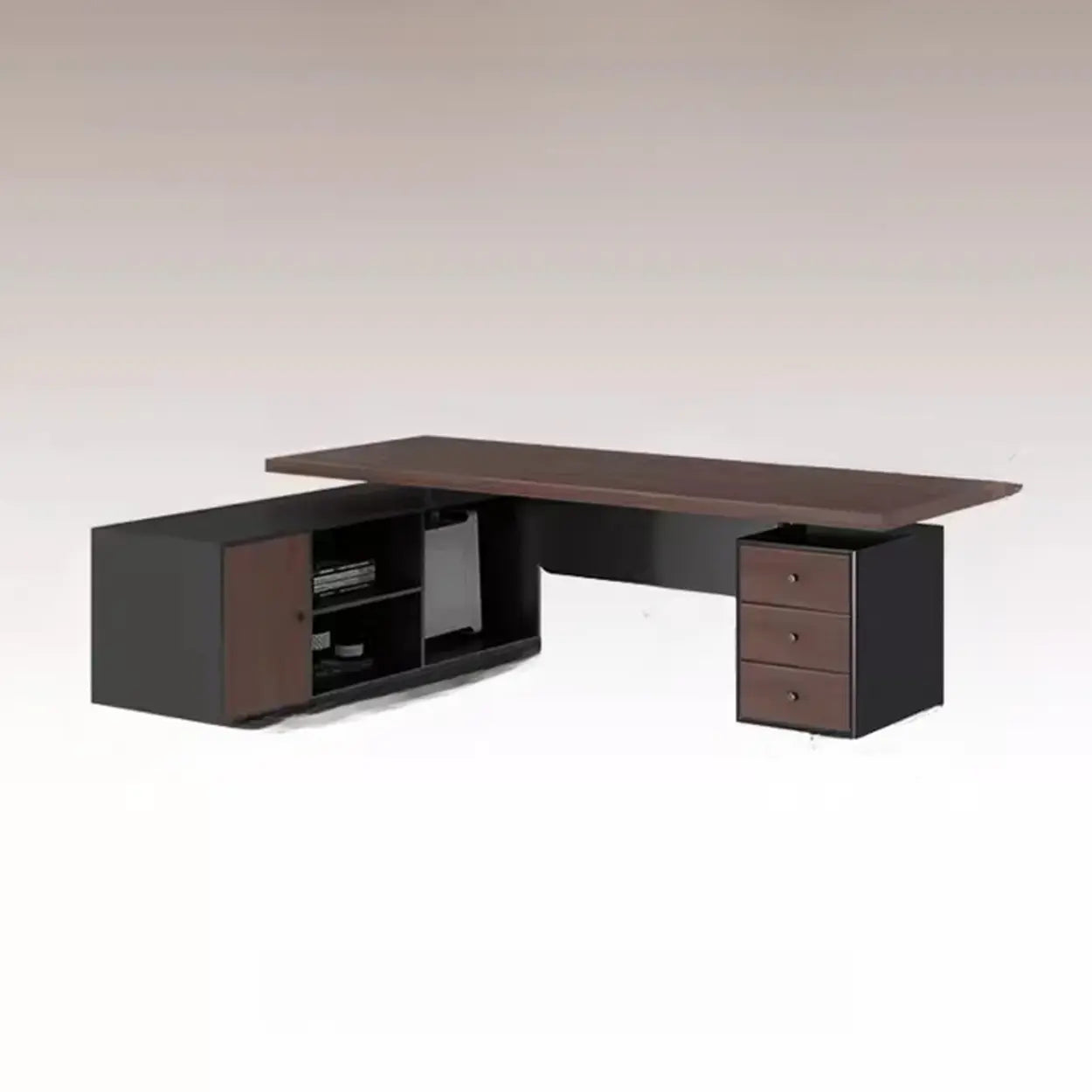 Brown L-Shaped Wood Computer Desk with Storage
