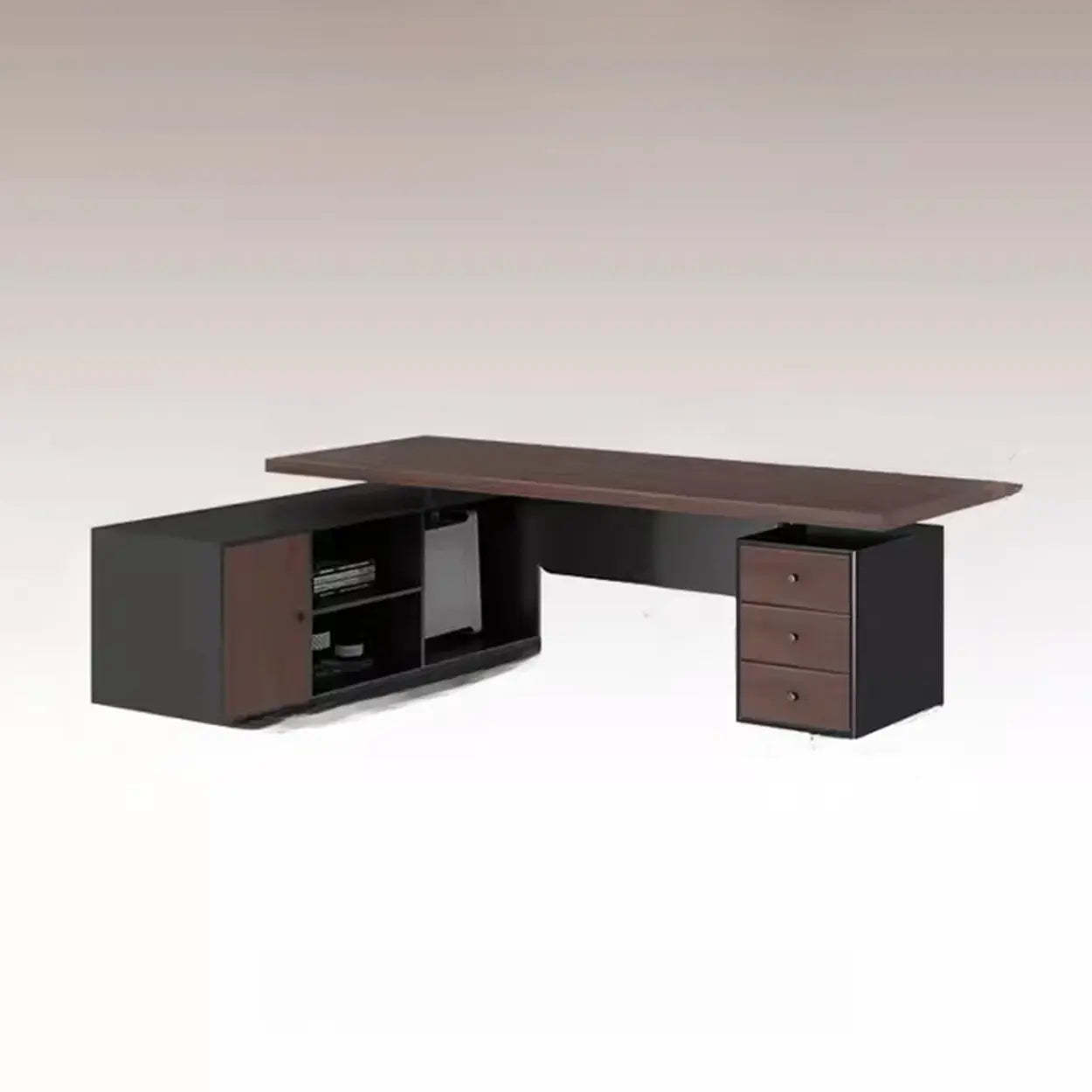 Brown L-Shaped Wood Computer Desk with Storage