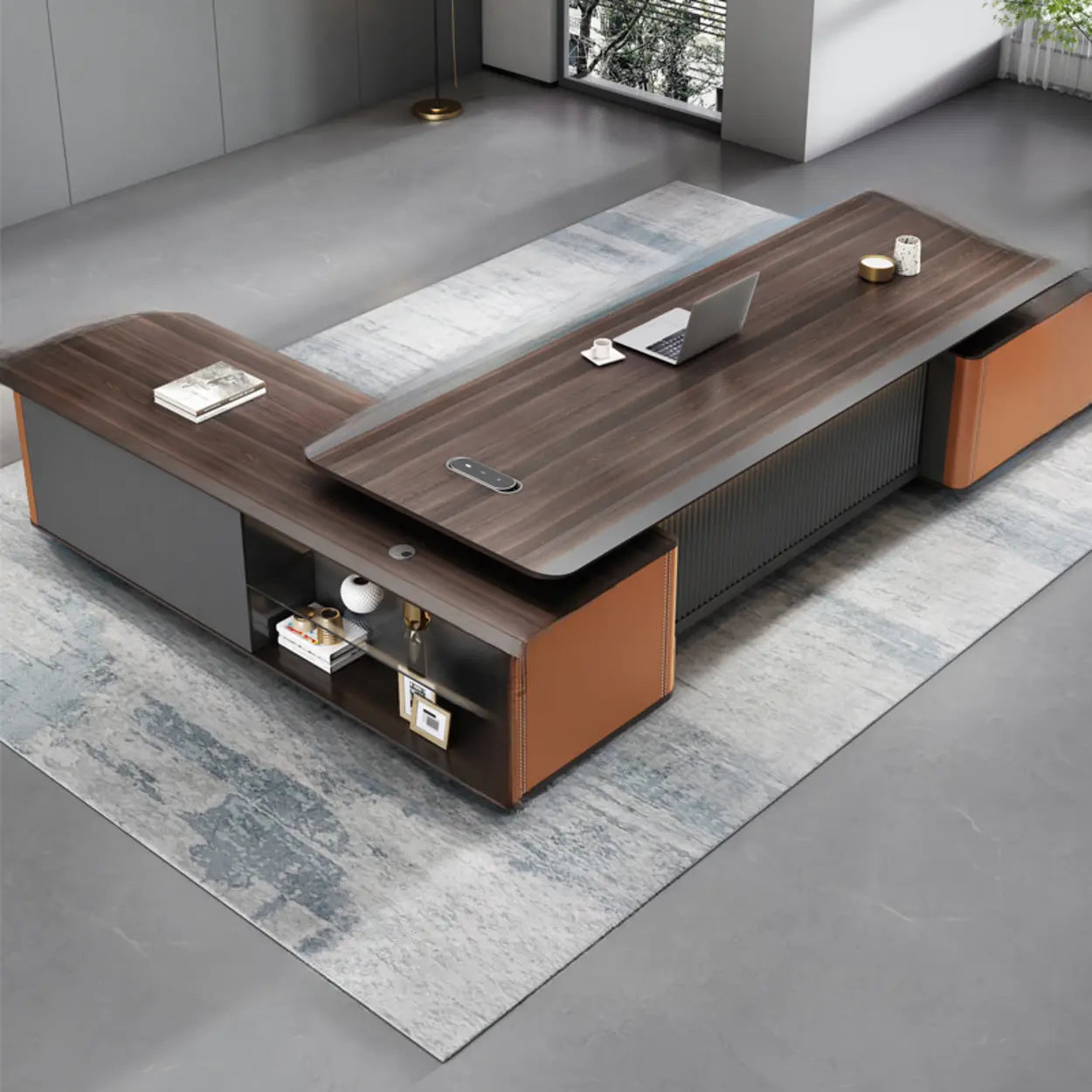 Classic Brown L-Shape Wood Executive Desk with Gray Base — Table Only