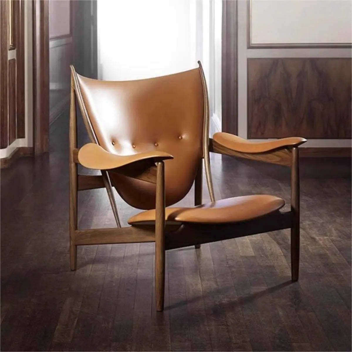 Brown Leather Fixed-Back Arm Chair with Four Legs — With Ottoman / Black / Full Grain Cow Leather