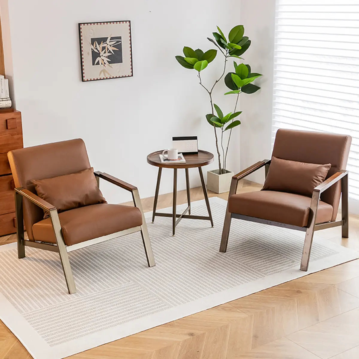 Brown Leather Pillow Back Metal Four Leg Arm Chair