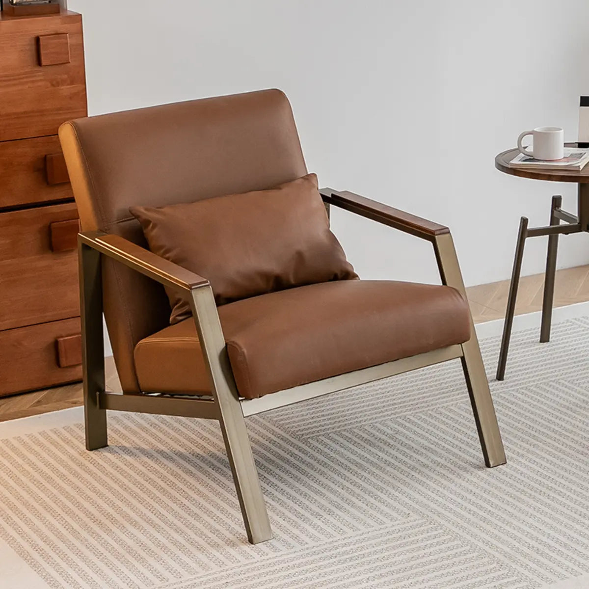 Brown Leather Pillow Back Metal Four Leg Arm Chair — Brown / Anti Cat Scratch Leather