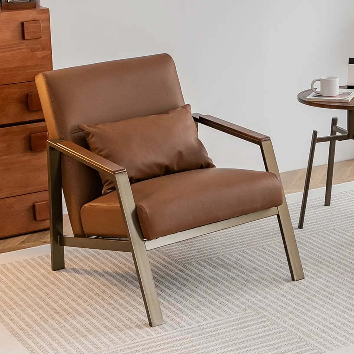 Brown Leather Pillow Back Metal Four Leg Arm Chair — Brown / Anti Cat Scratch Leather
