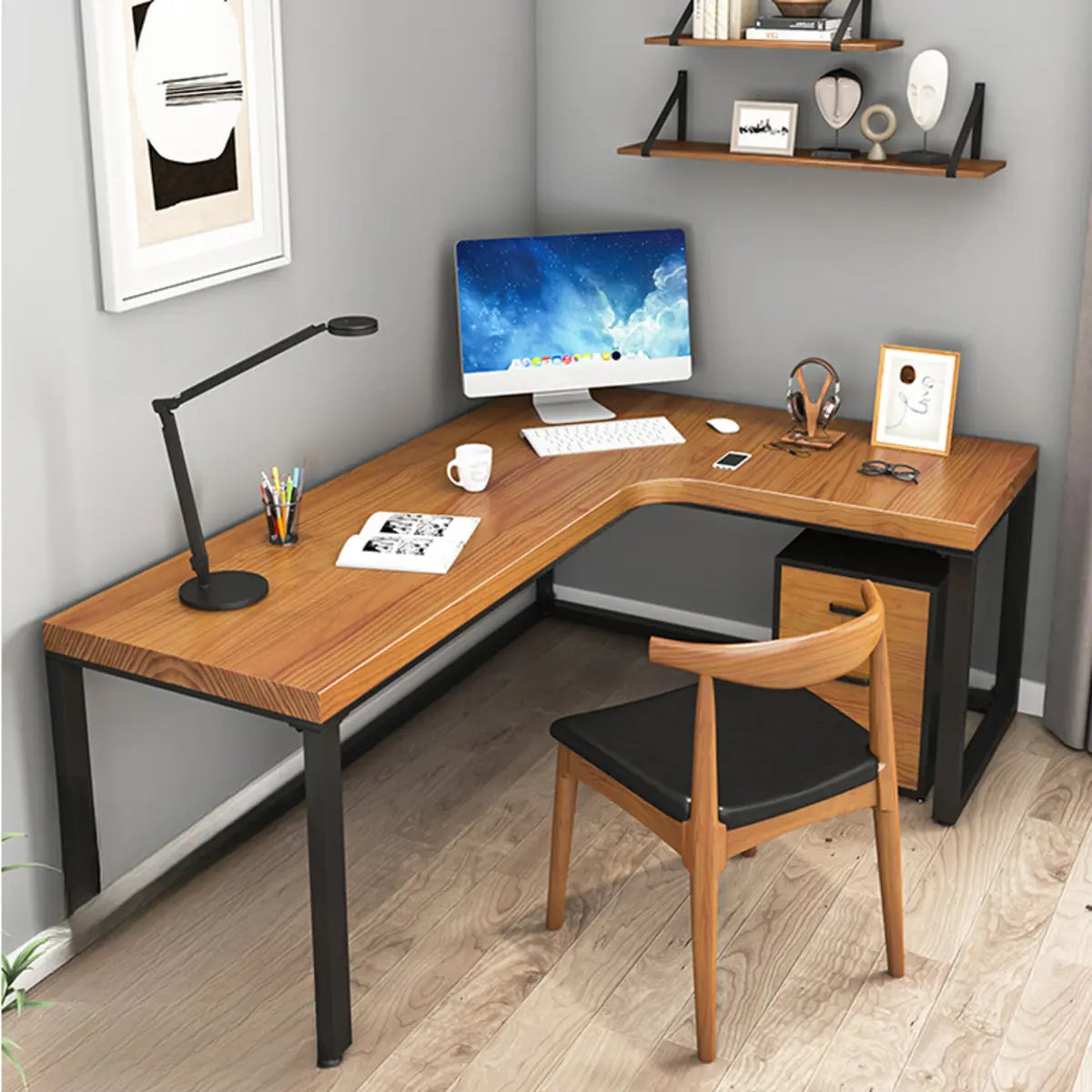 Brown Butcher Block L-Shape Sled Writing Desk
