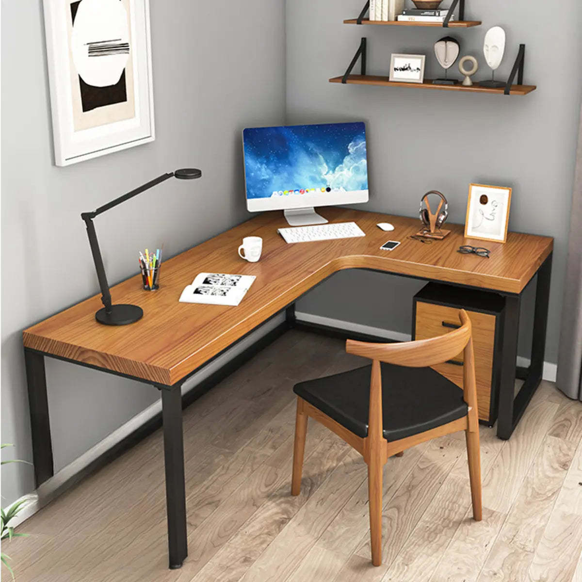 Brown Butcher Block L-Shape Sled Writing Desk — Without Chairs