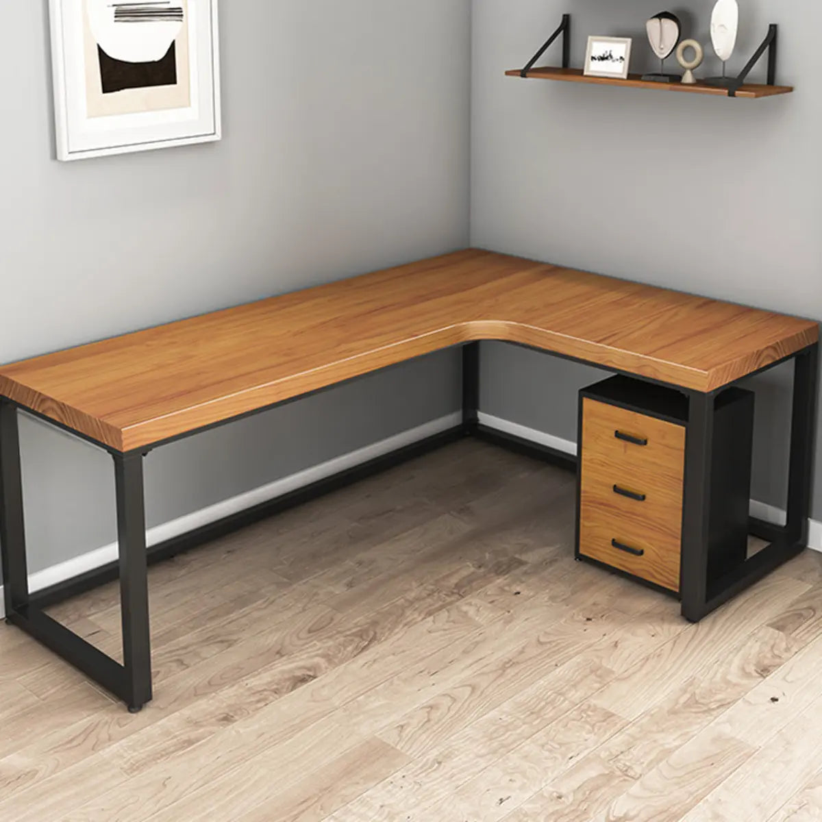 Brown Butcher Block L-Shape Sled Writing Desk — Without Chairs