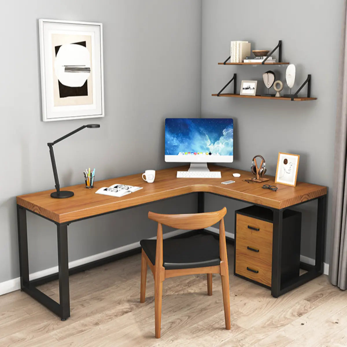 Brown Butcher Block L-Shape Sled Writing Desk — Without Chairs