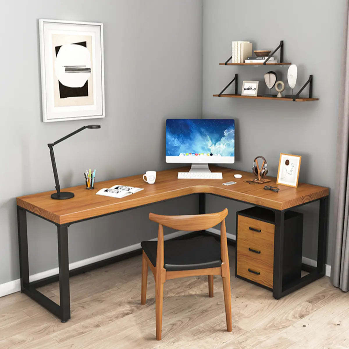 Brown Butcher Block L-Shape Sled Writing Desk — Without Chairs