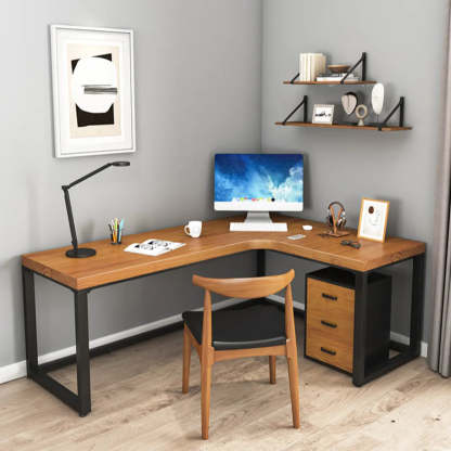 Brown Butcher Block L-Shape Sled Writing Desk — Without Chairs