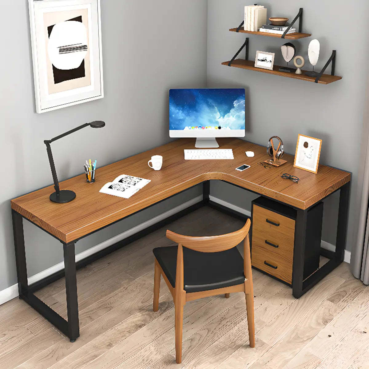 Brown Butcher Block L-Shape Sled Writing Desk — Without Chairs