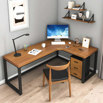 Brown Butcher Block L-Shape Sled Writing Desk — Without Chairs