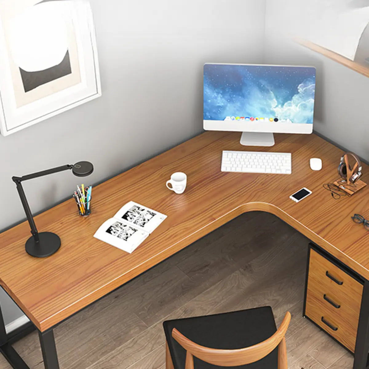 Brown Butcher Block L-Shape Sled Writing Desk — Without Chairs