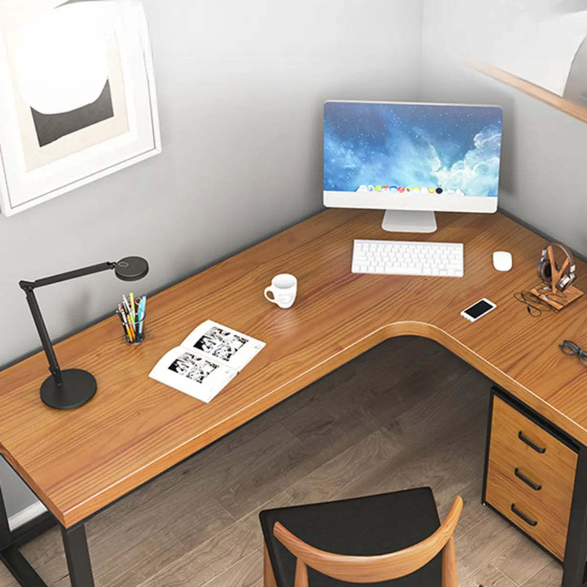 Brown Butcher Block L-Shape Sled Writing Desk — Without Chairs