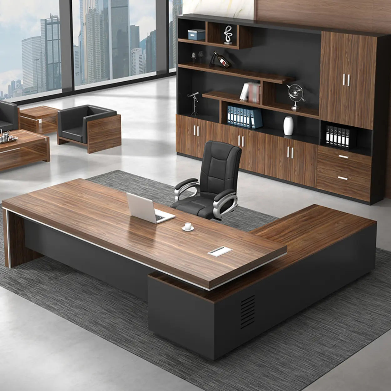 Brown Long Wood L-Shaped Executive Desk