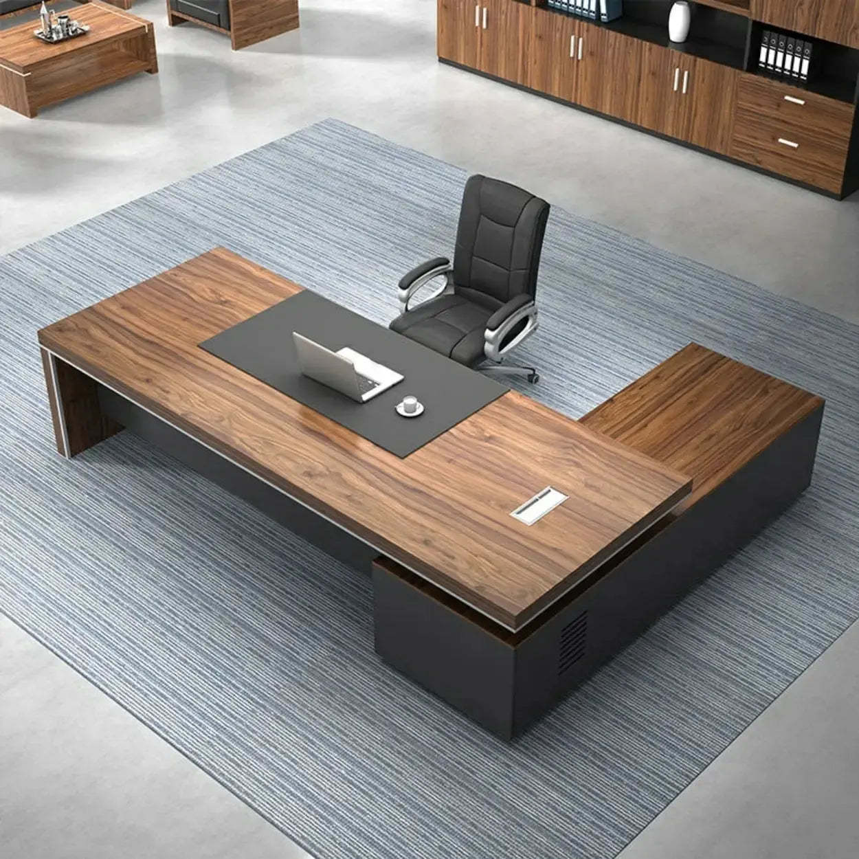 Brown Long Wood L-Shaped Executive Desk — Right Hand Return / Without Chairs