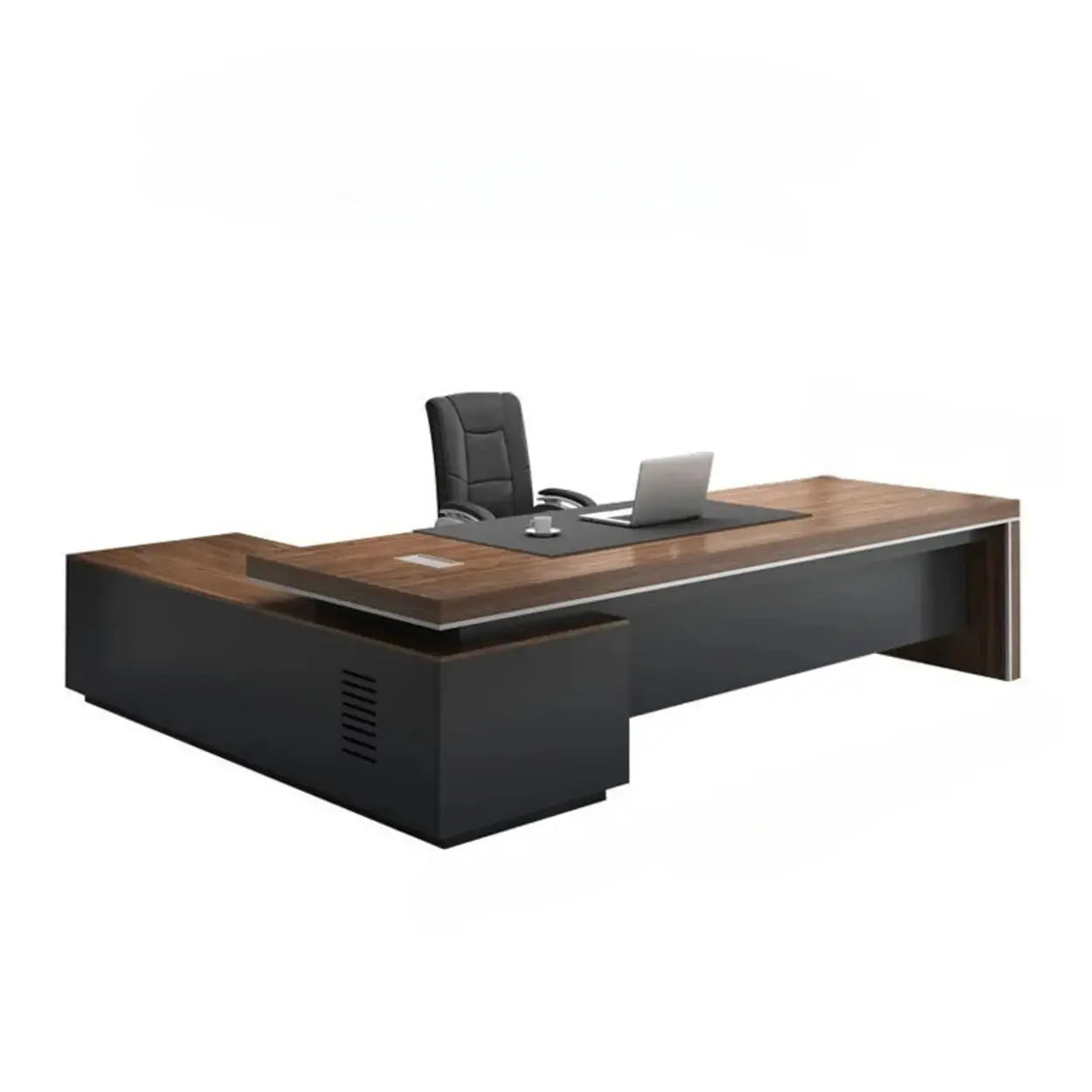 Brown Long Wood L-Shaped Executive Desk — Left Hand Return / Without Chairs