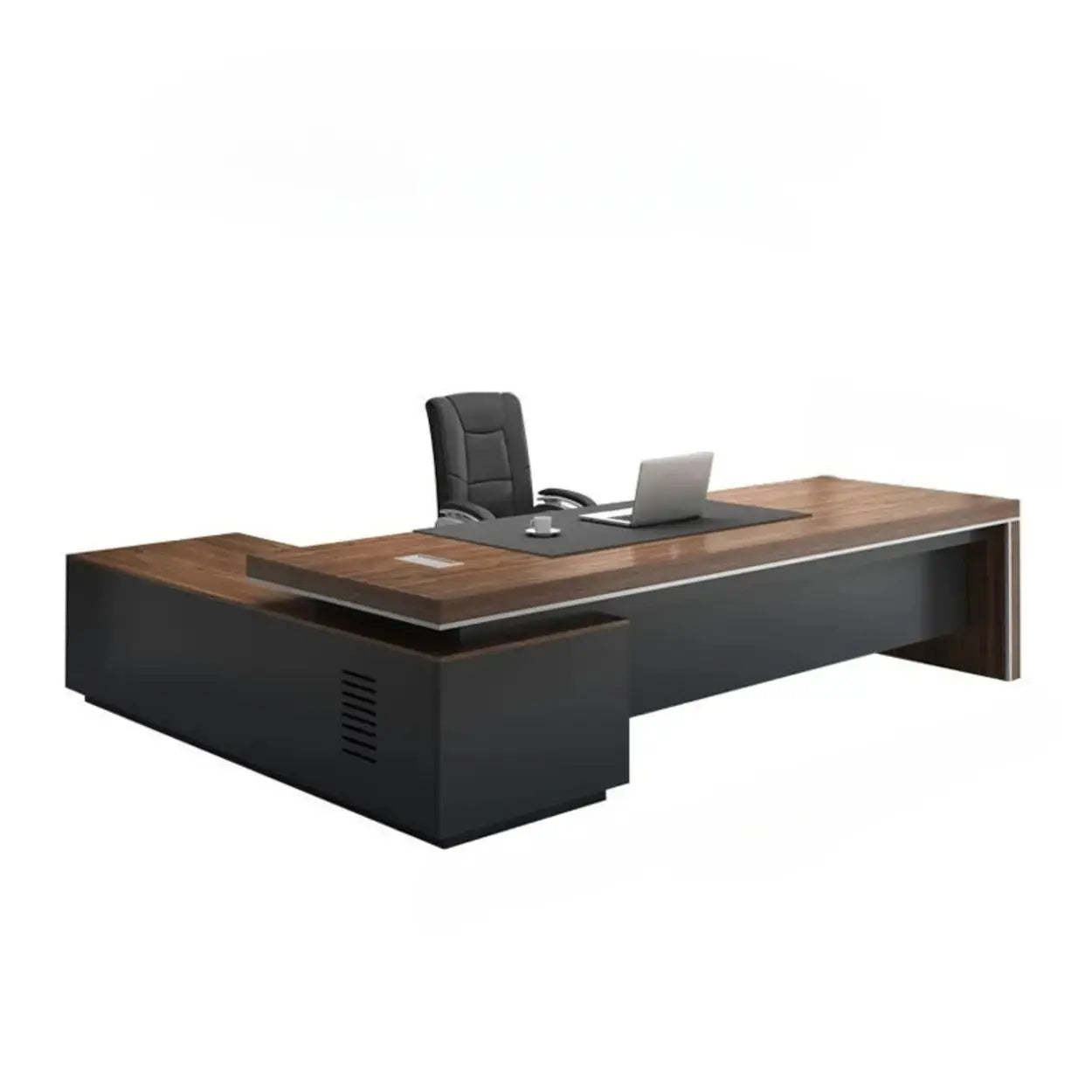 Brown Long Wood L-Shaped Executive Desk — Left Hand Return / Without Chairs