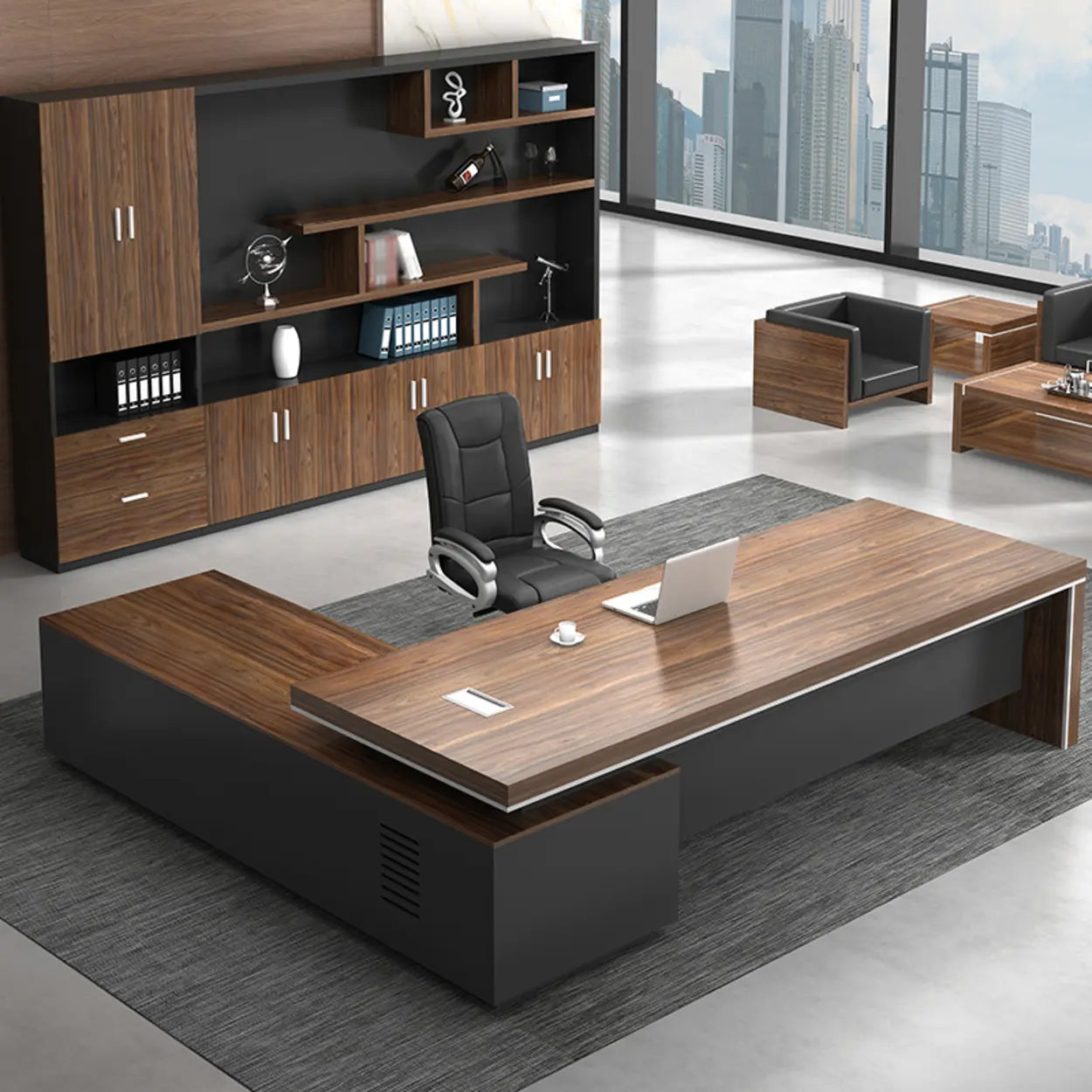 Brown Long Wood L-Shaped Executive Desk — Right Hand Return / Without Chairs