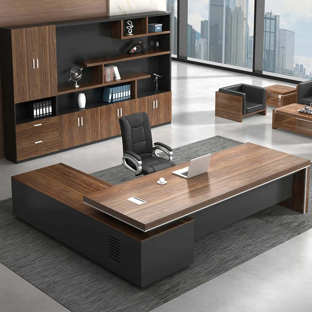 Brown Long Wood L-Shaped Executive Desk — Right Hand Return / Without Chairs