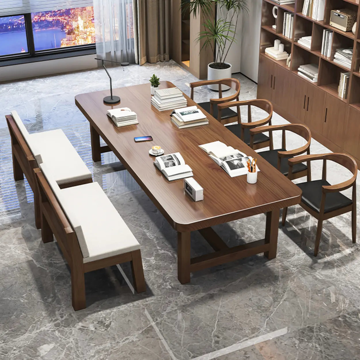 Brown Long Wood Multi-Person Conference Table
