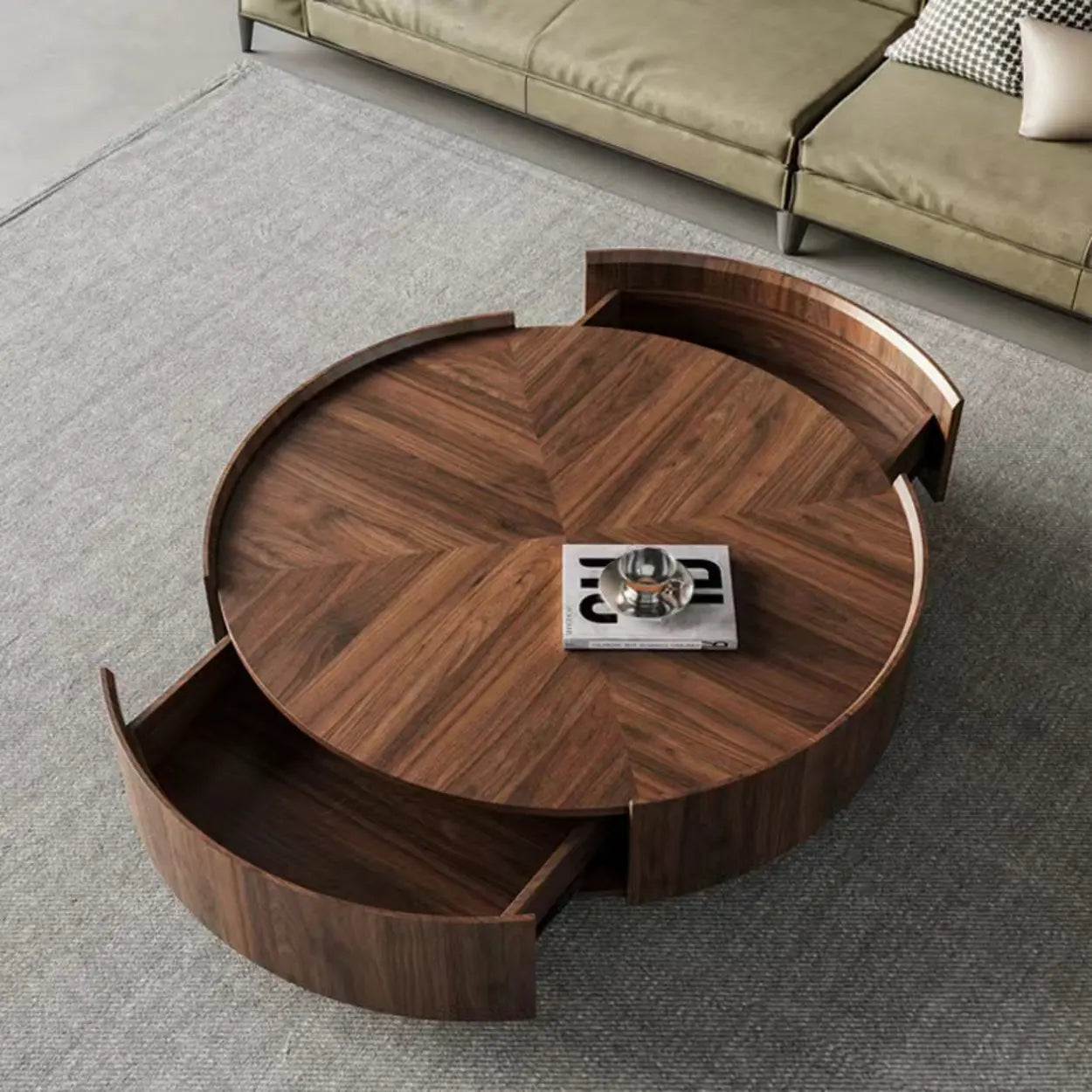 Brown Manufactured Wood Round Coffee Table with Drawers