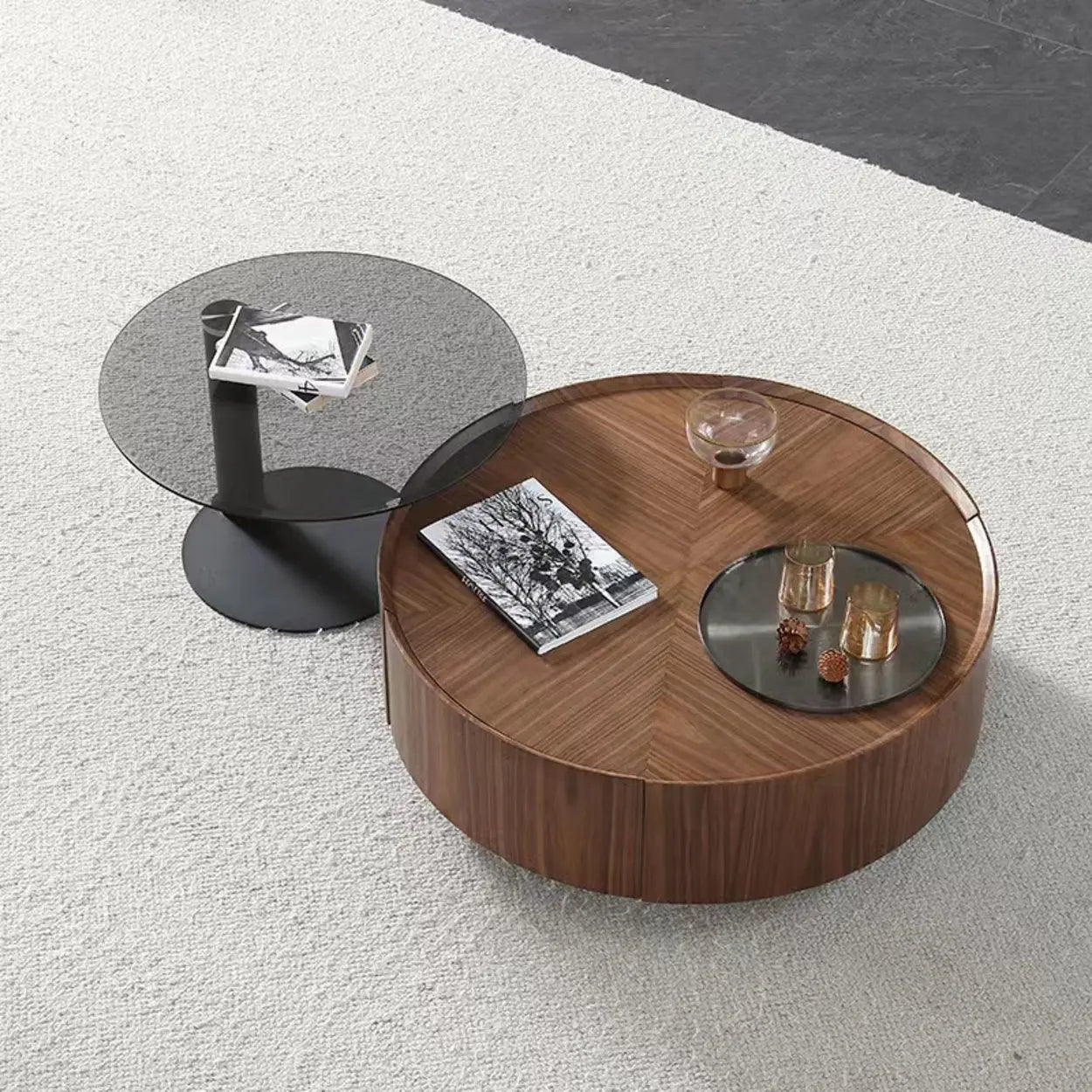 Modern drawers round coffee tables in wood