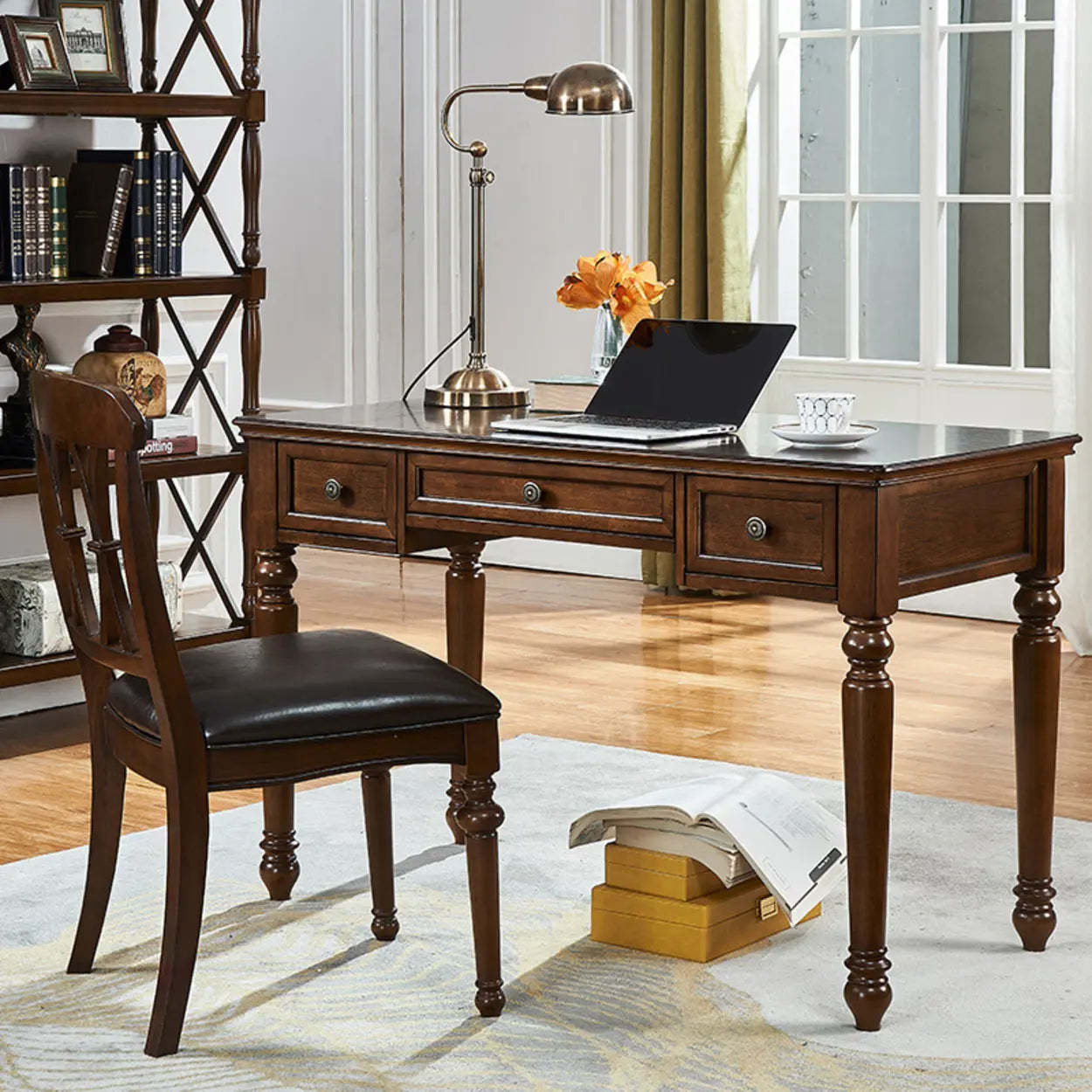 Brown Wood Computer Desk with Drawers — Table Only