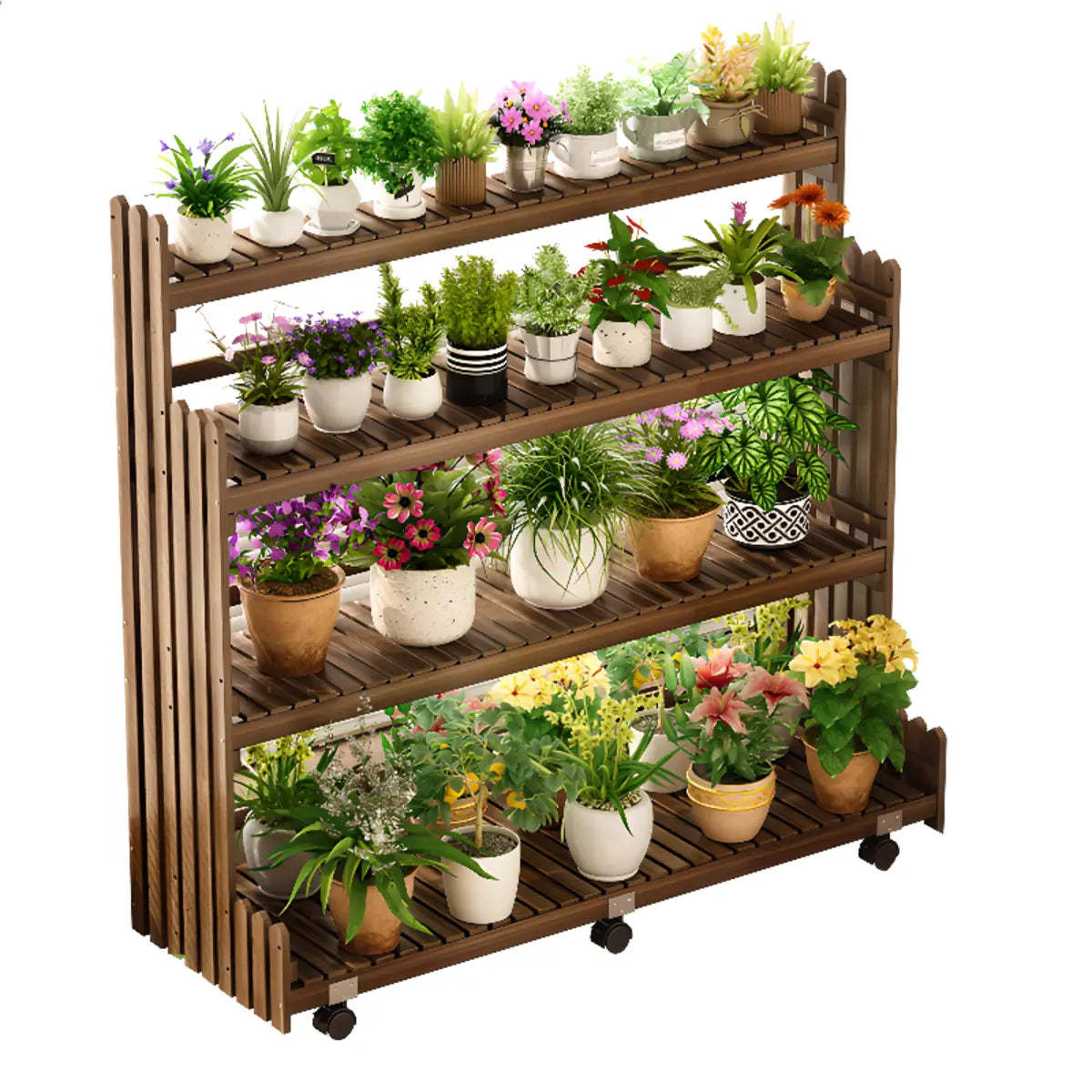 Brown Multi-Tier Wood Rolling Large Plant Stand