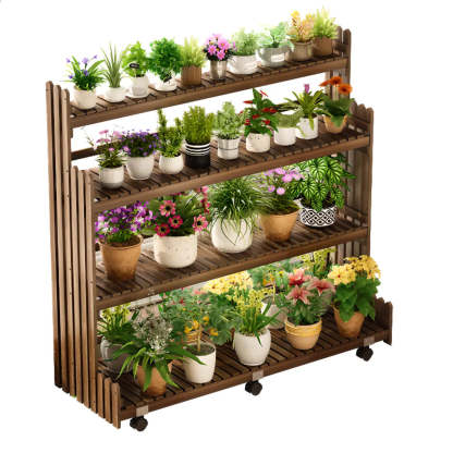 Brown Multi-Tier Wood Rolling Large Plant Stand