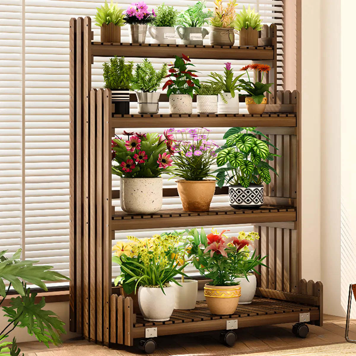 Brown Multi-Tier Wood Rolling Large Plant Stand