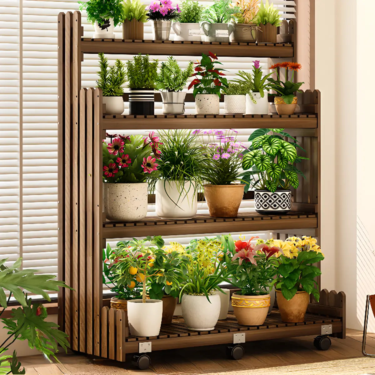 Brown Multi-Tier Wood Rolling Large Plant Stand