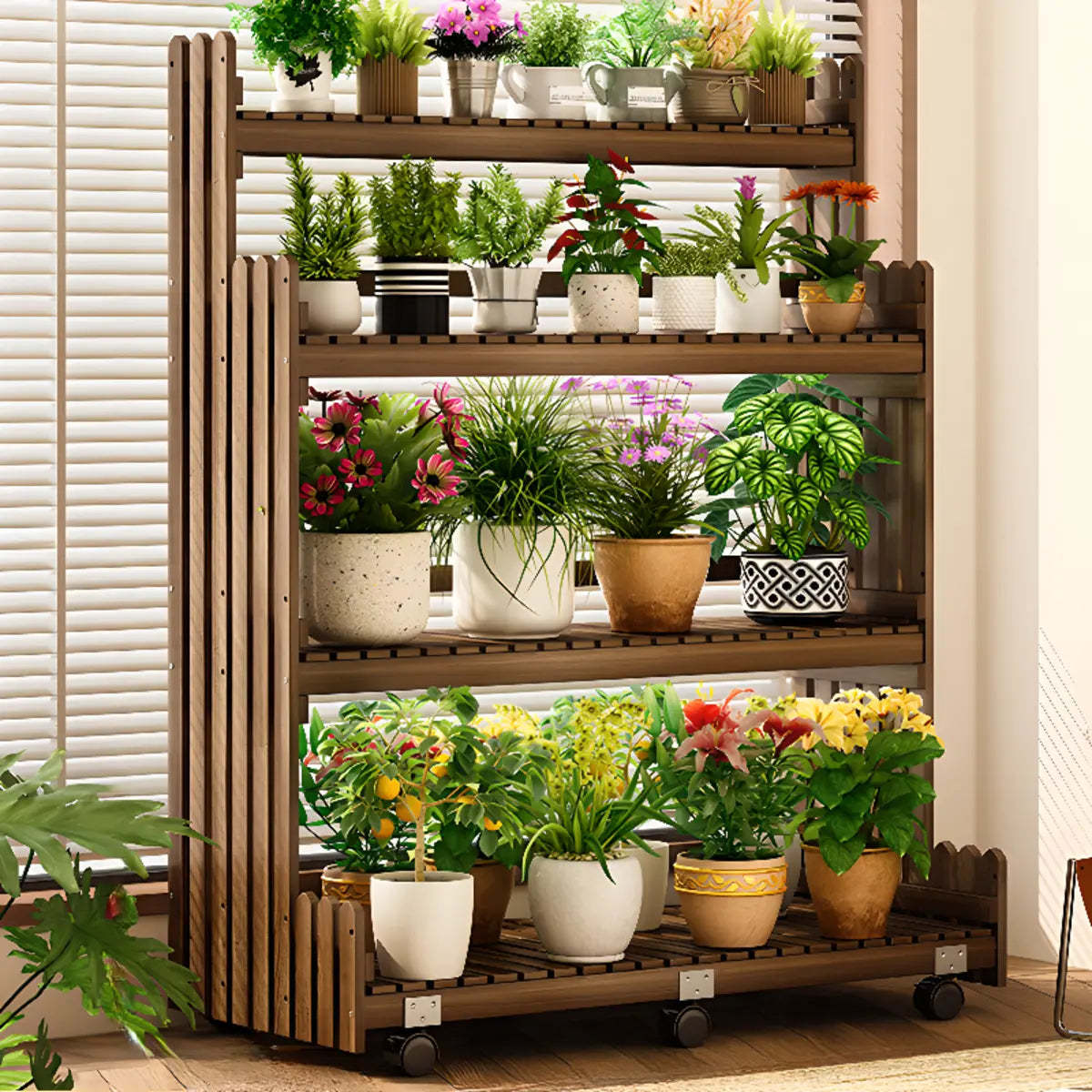 Brown Multi-Tier Wood Rolling Large Plant Stand