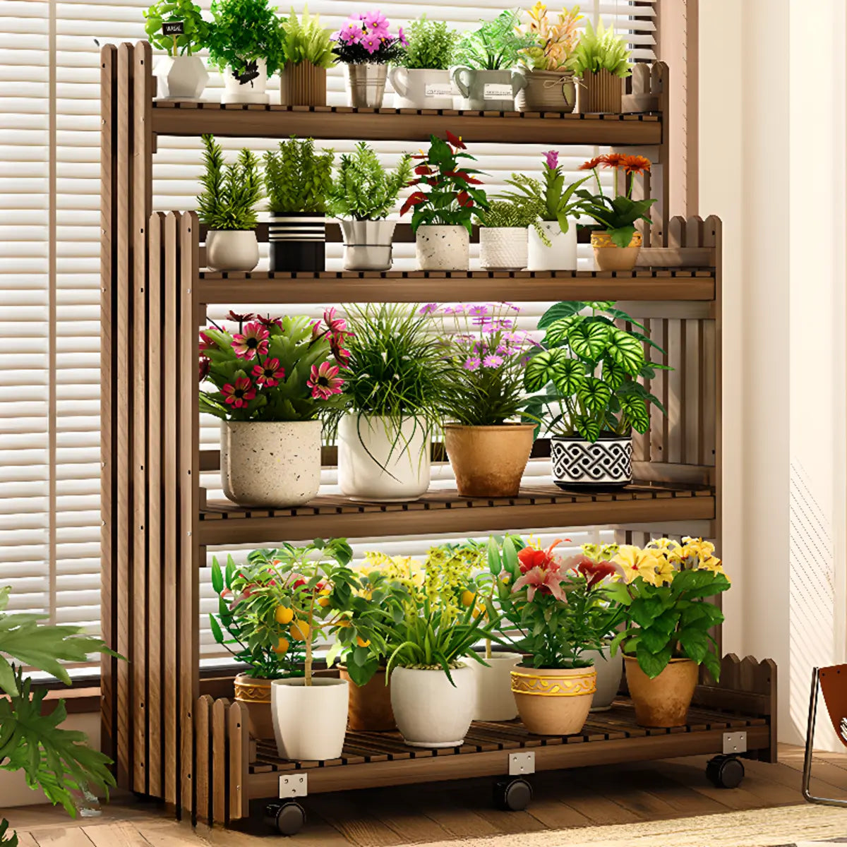 Brown Multi-Tier Wood Rolling Large Plant Stand