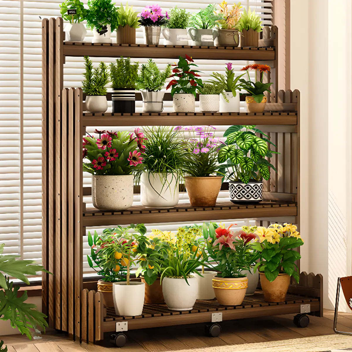 Brown Multi-Tier Wood Rolling Large Plant Stand