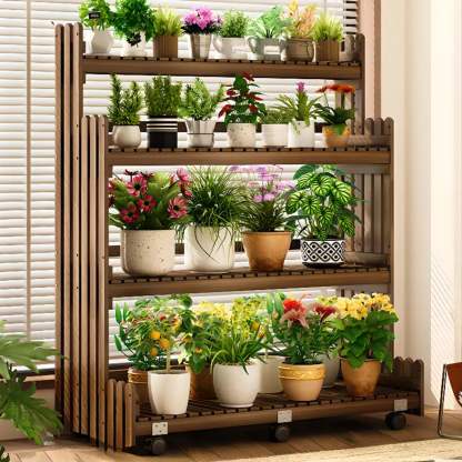 Brown Multi-Tier Wood Rolling Large Plant Stand