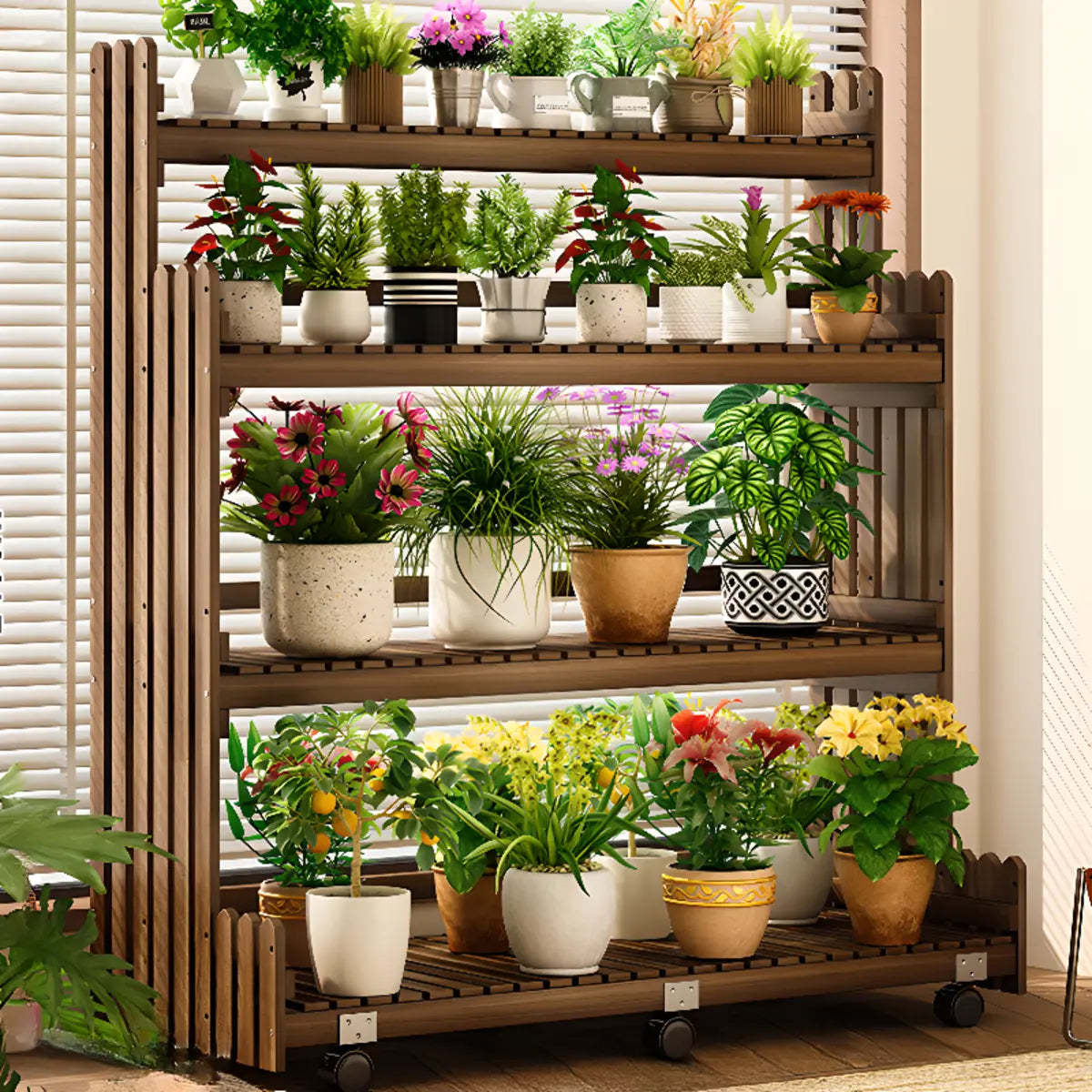 Brown Multi-Tier Wood Rolling Large Plant Stand