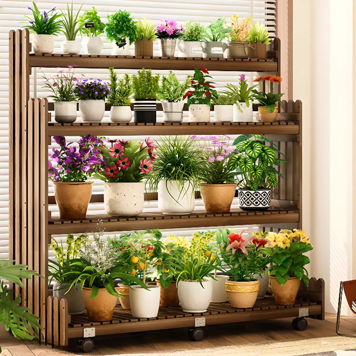 Brown Multi-Tier Wood Rolling Large Plant Stand