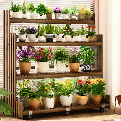 Brown Multi-Tier Wood Rolling Large Plant Stand