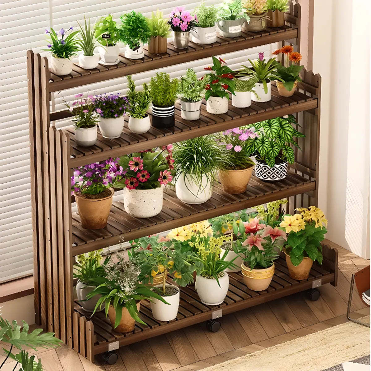 Brown Multi-Tier Wood Rolling Large Plant Stand