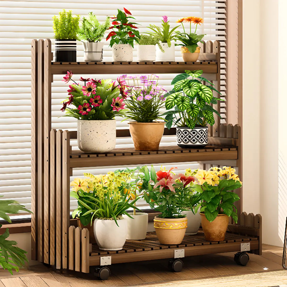 Brown Multi-Tier Wood Rolling Large Plant Stand