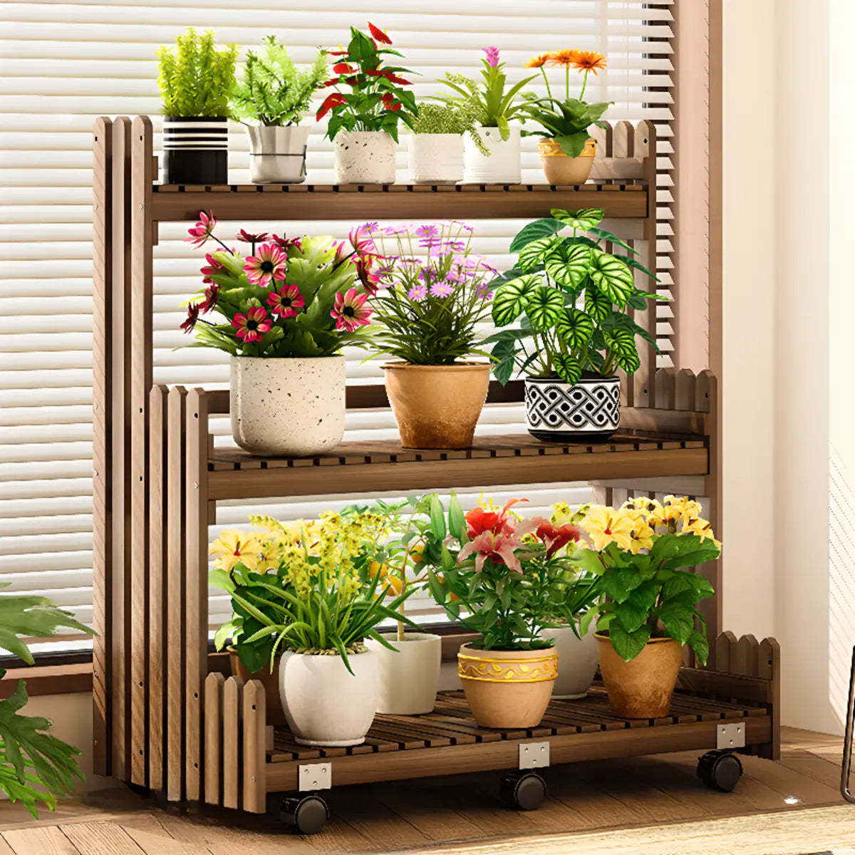 Brown Multi-Tier Wood Rolling Large Plant Stand