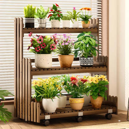 Brown Multi-Tier Wood Rolling Large Plant Stand