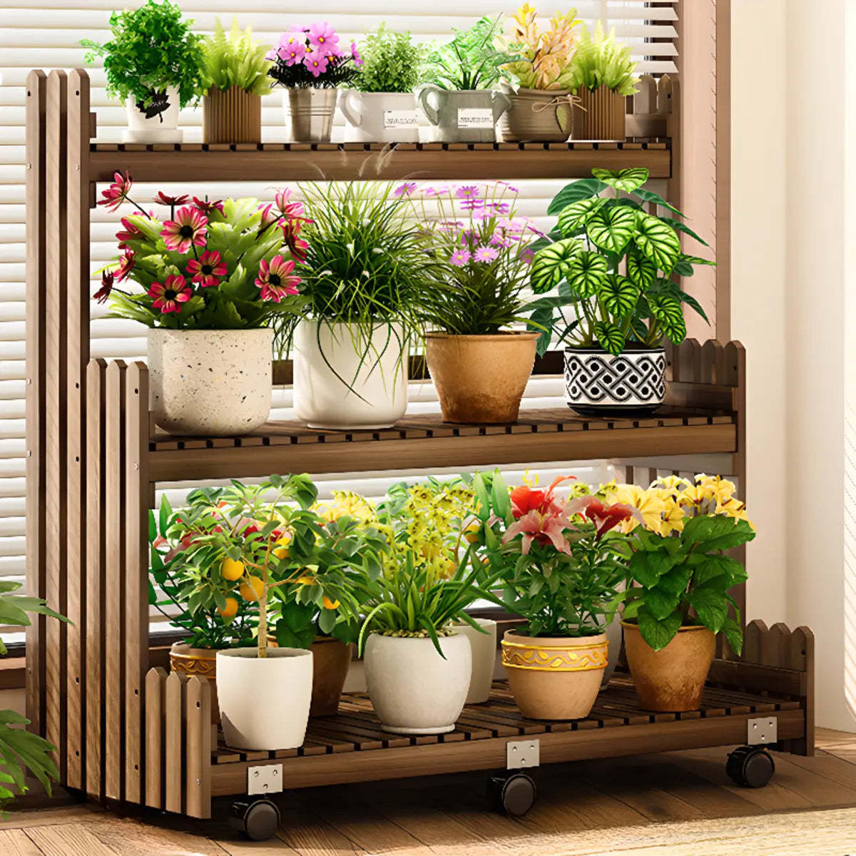 Brown Multi-Tier Wood Rolling Large Plant Stand