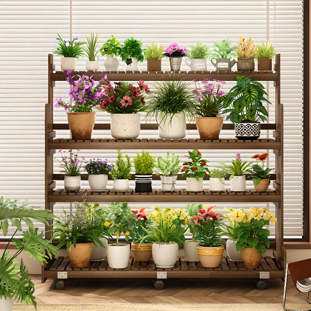 Brown Multi-Tier Wood Rolling Large Plant Stand