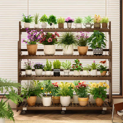 Brown Multi-Tier Wood Rolling Large Plant Stand