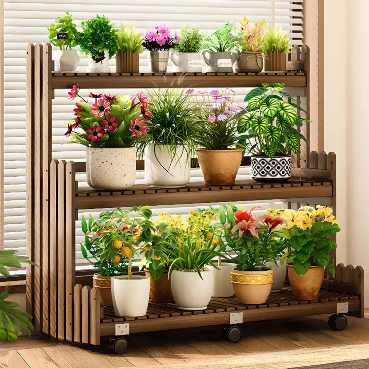 Brown Multi-Tier Wood Rolling Large Plant Stand