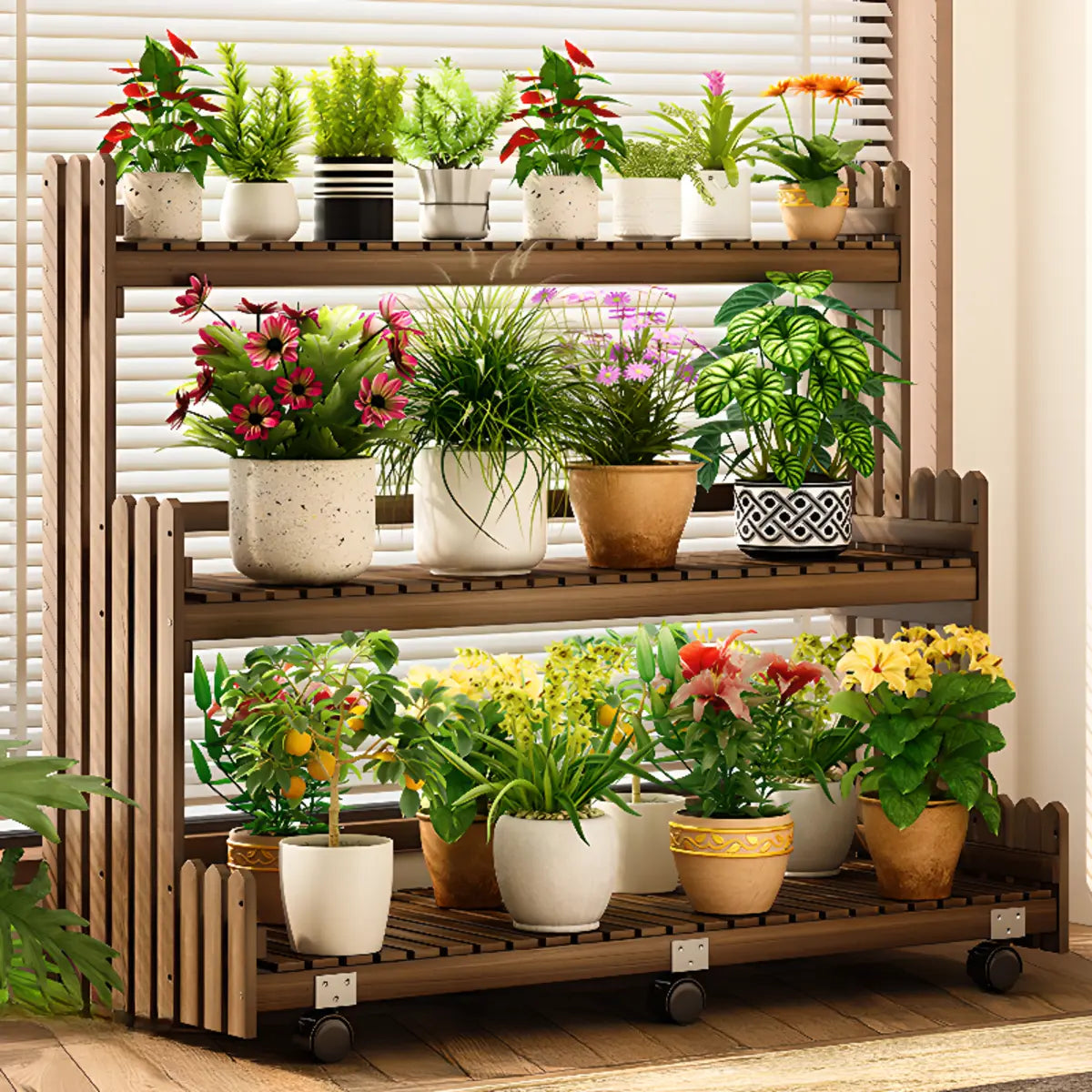 Brown Multi-Tier Wood Rolling Large Plant Stand