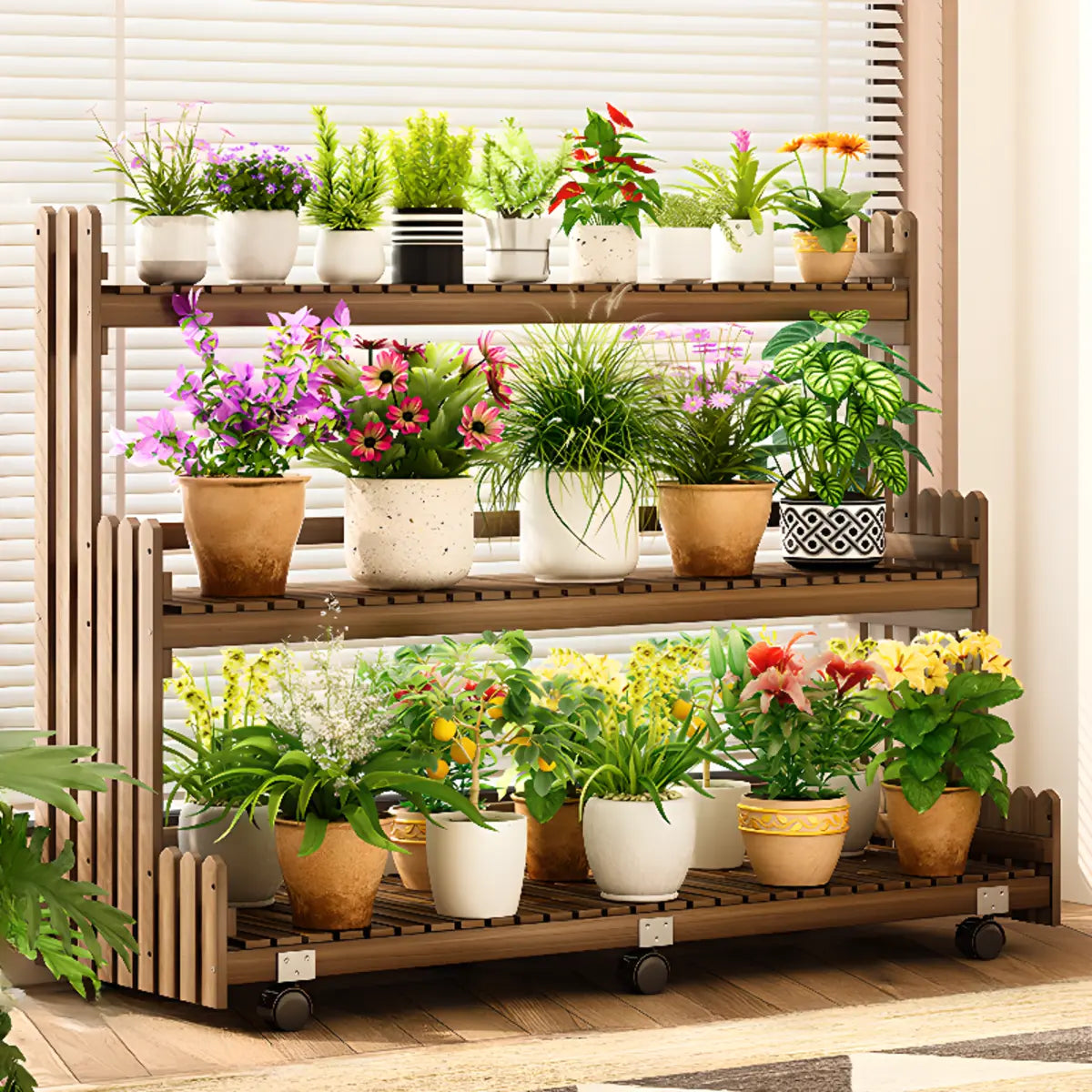 Brown Multi-Tier Wood Rolling Large Plant Stand